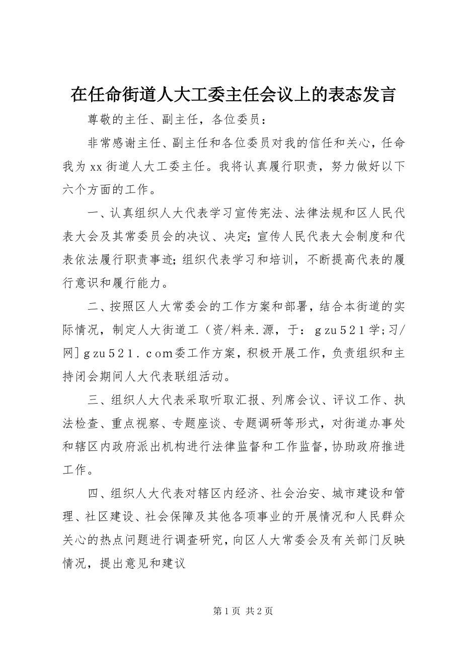 2023年在任命街道人大工委主任会议上的表态讲话.docx_第1页