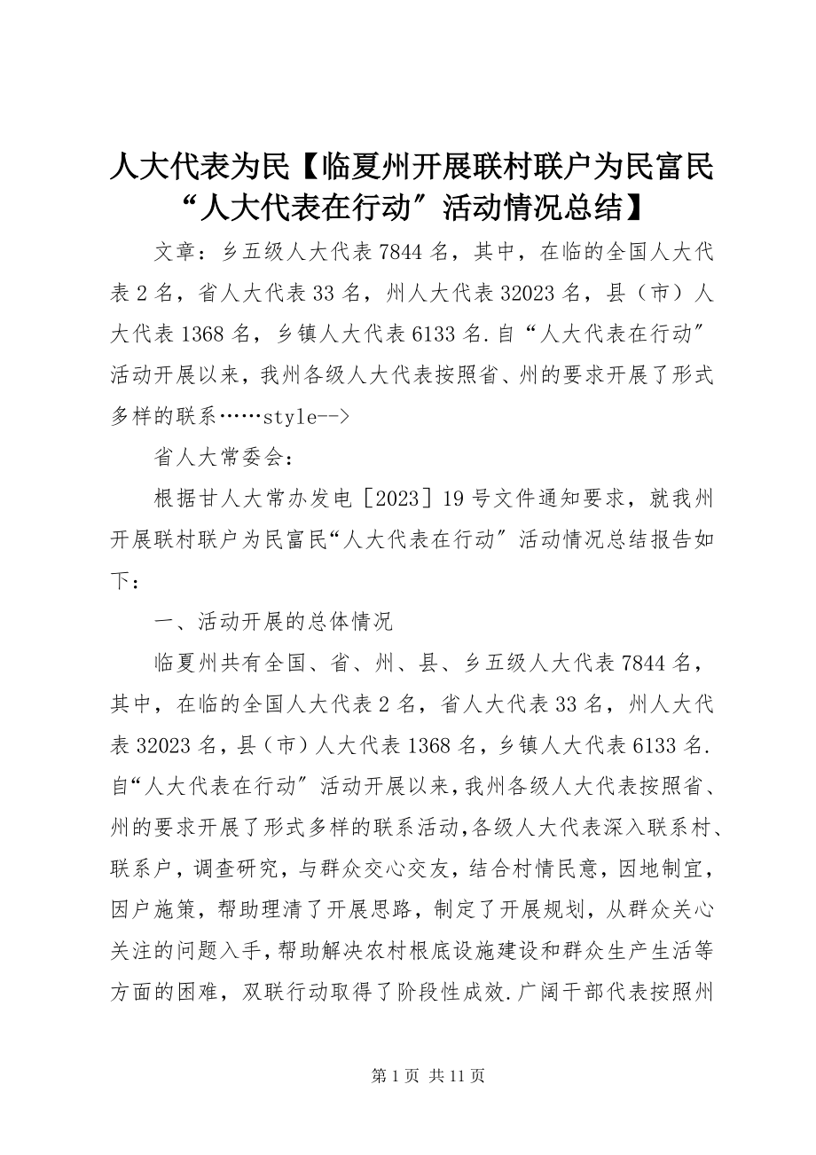 2023年人大代表为民临夏州开展联村联户为民富民“人大代表在行动”活动情况总结.docx_第1页