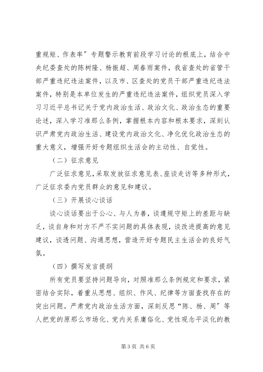 2023年讲政治重规矩作表率专题警示教育专题组织生活会方案.docx_第3页