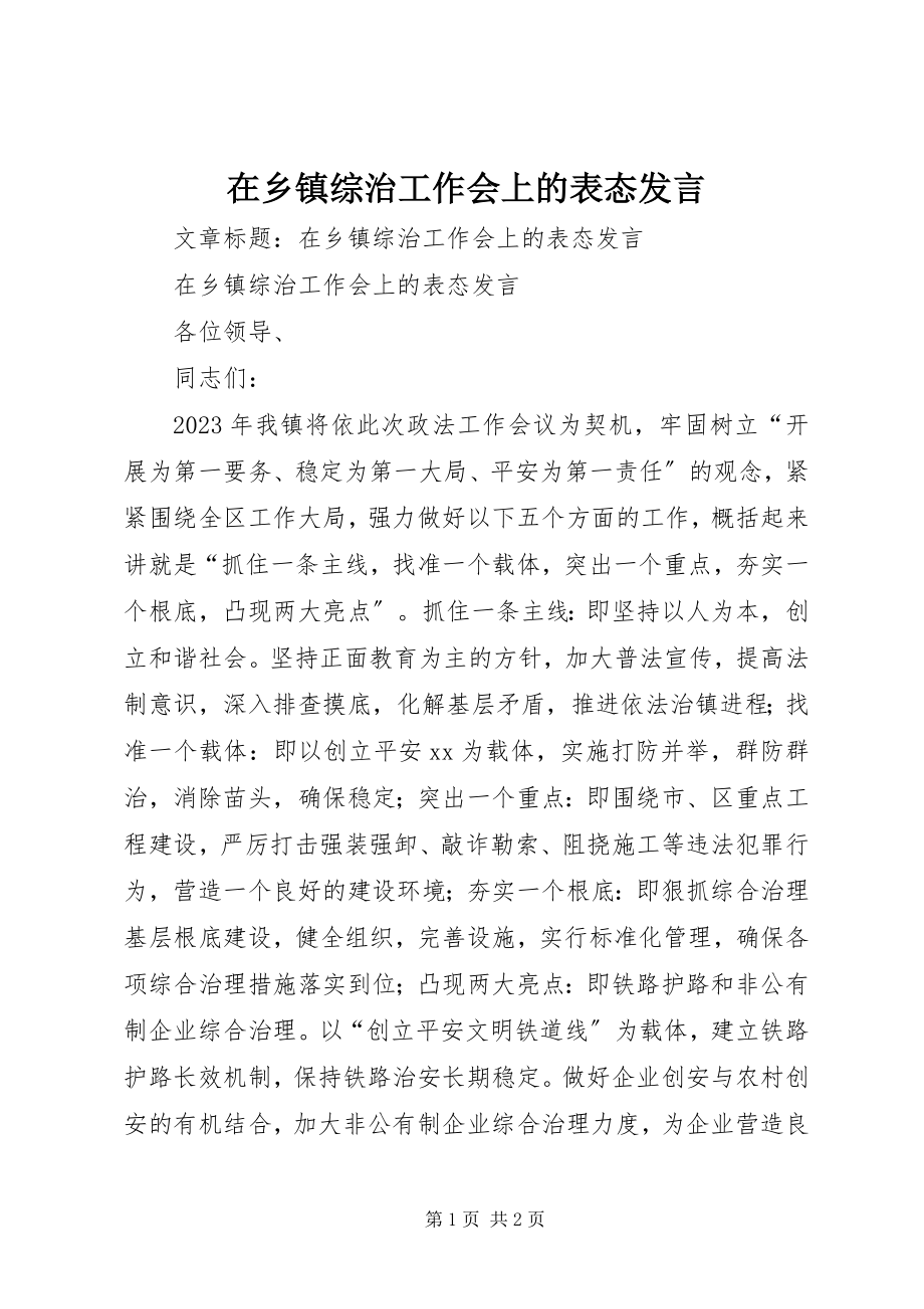 2023年在乡镇综治工作会上的表态讲话.docx_第1页