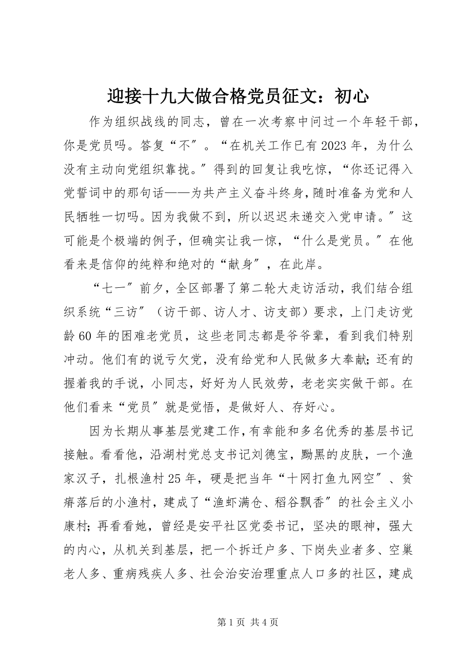 2023年迎接十九大做合格党员征文初心.docx_第1页