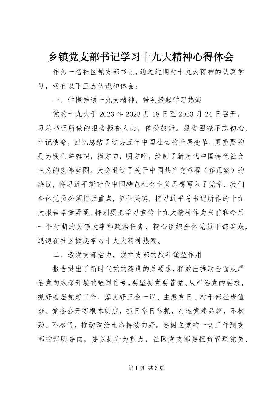 2023年乡镇党支部书记学习十九大精神心得体会.docx_第1页