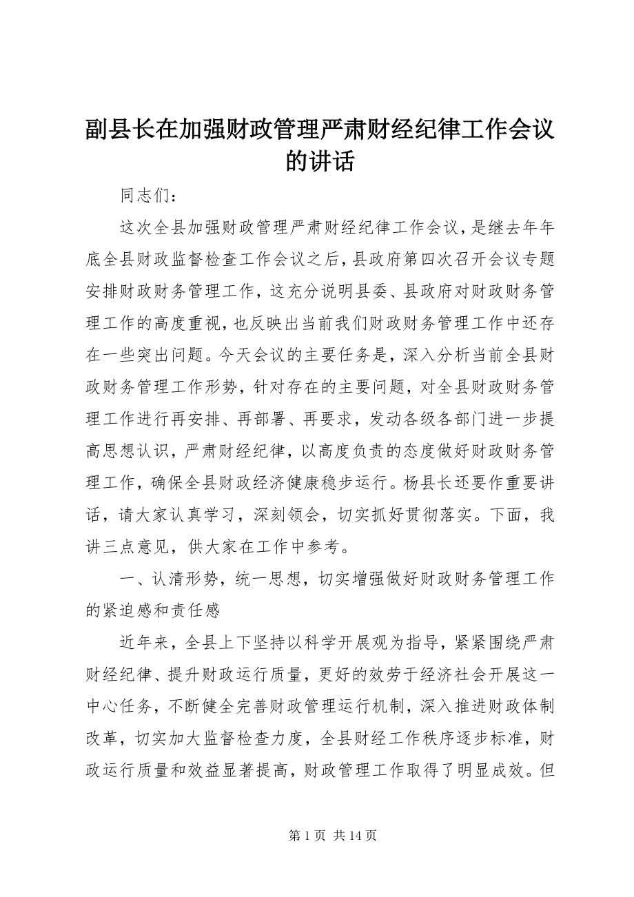 2023年副县长在加强财政管理严肃财经纪律工作会议的致辞.docx_第1页