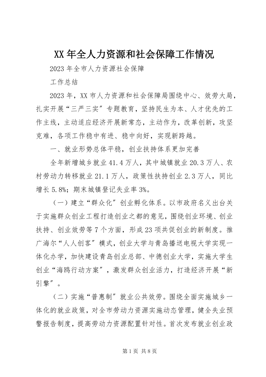 2023年全人力资源和社会保障工作情况.docx_第1页