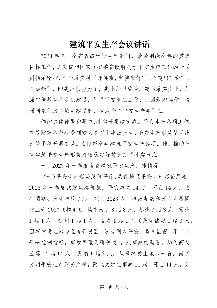 2023年建筑安全生产会议致辞.docx_第1页