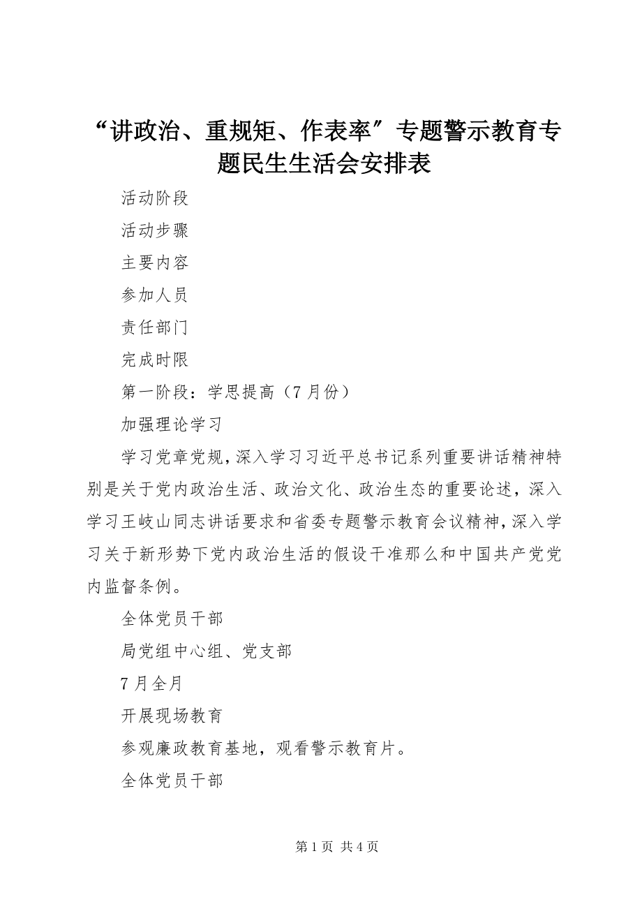 2023年讲政治重规矩作表率专题警示教育专题民生生活会安排表.docx_第1页