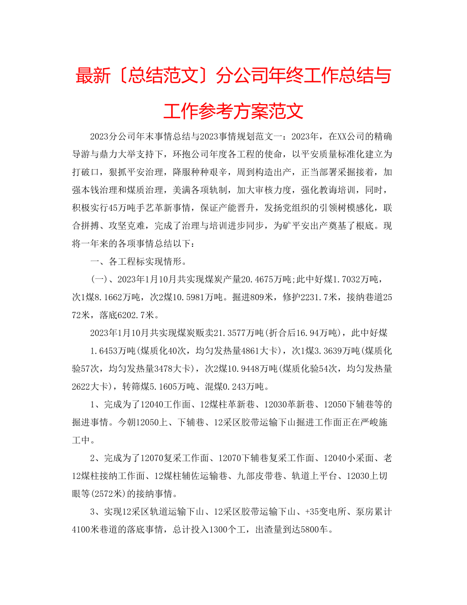 2023年分公司终工作总结与工作计划范文.docx_第1页