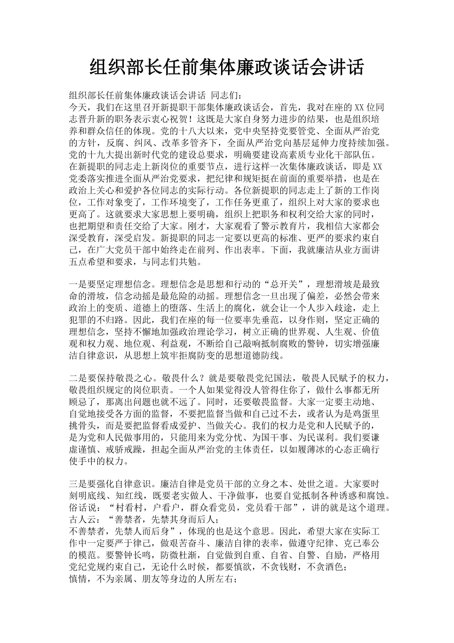 2023年组织部长任前集体廉政谈话会讲话.doc_第1页