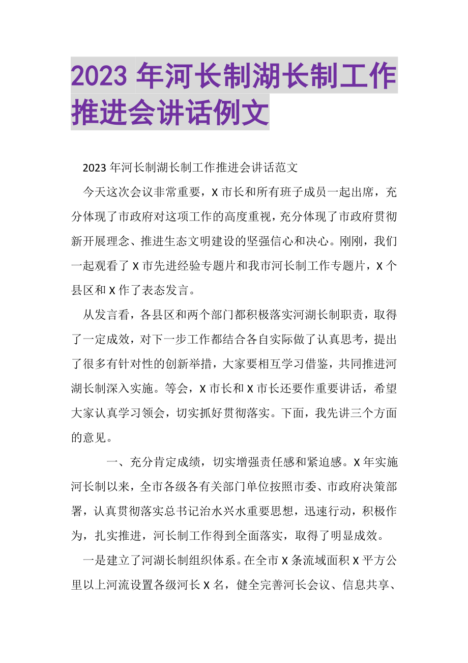 2023年河长制湖长制工作推进会讲话例文.doc_第1页