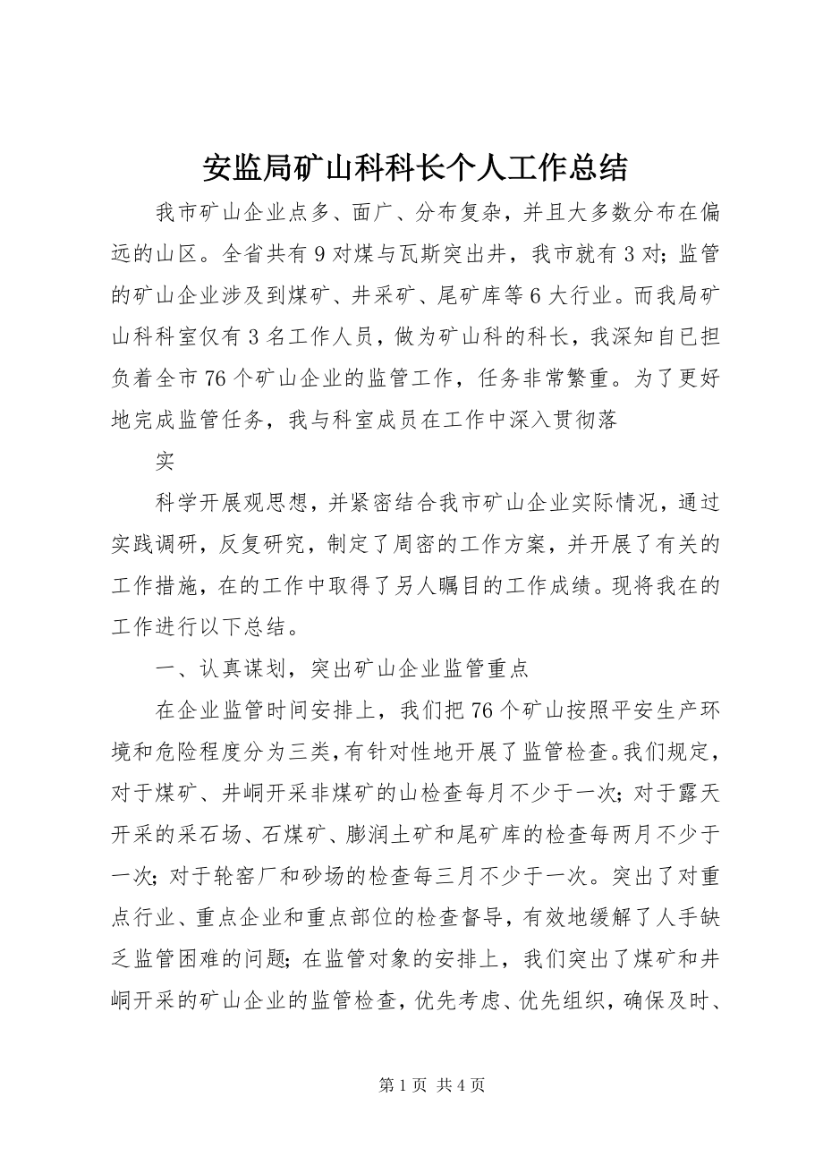 2023年安监局矿山科科长个人工作总结新编.docx_第1页