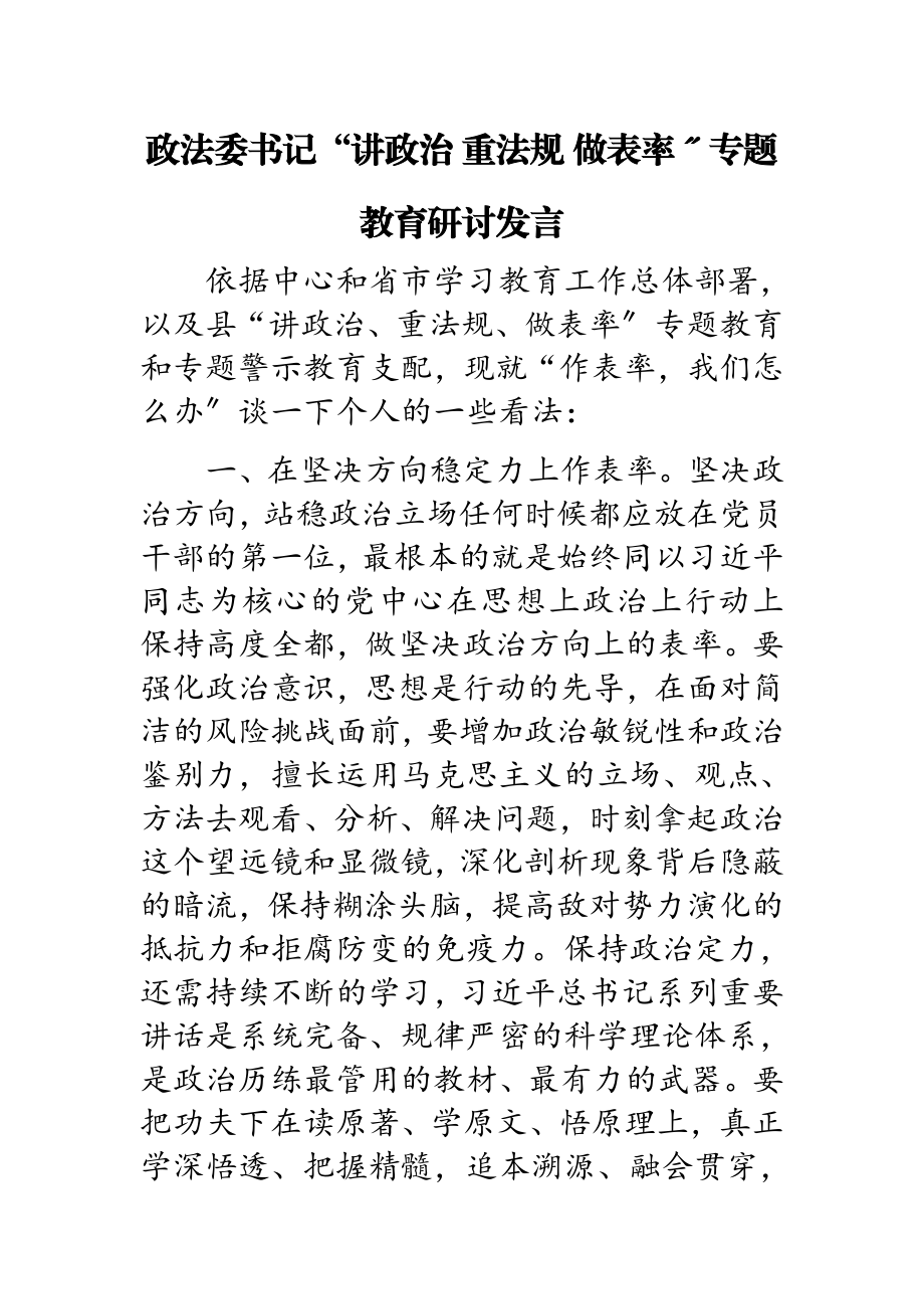 2023年政法委书记“讲政治 重规矩 做表率”专题教育研讨发言.docx_第1页