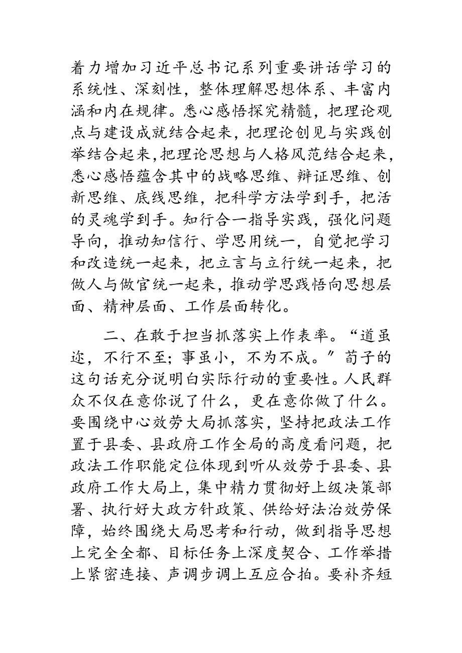 2023年政法委书记“讲政治 重规矩 做表率”专题教育研讨发言.docx_第2页