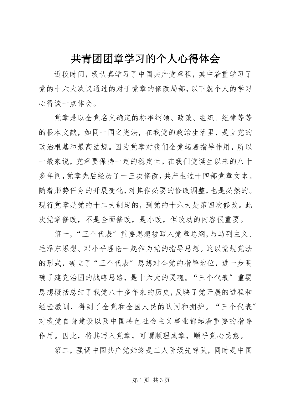 2023年共青团团章学习的个人心得体会.docx_第1页