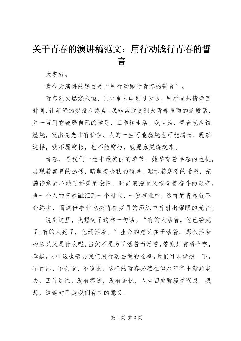 2023年青春的演讲稿用行动践行青春的誓言.docx_第1页