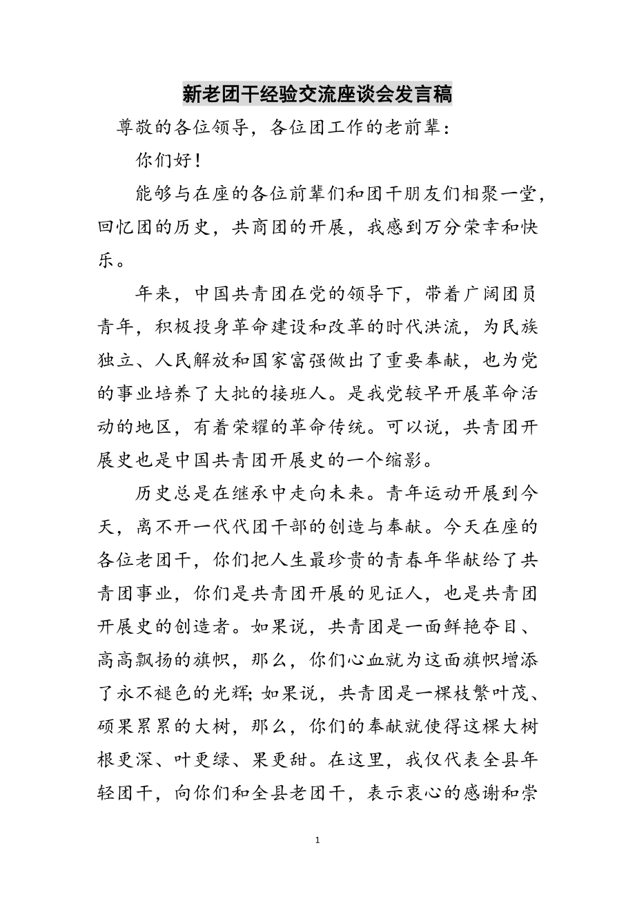 2023年新老团干经验交流座谈会发言稿范文.doc_第1页