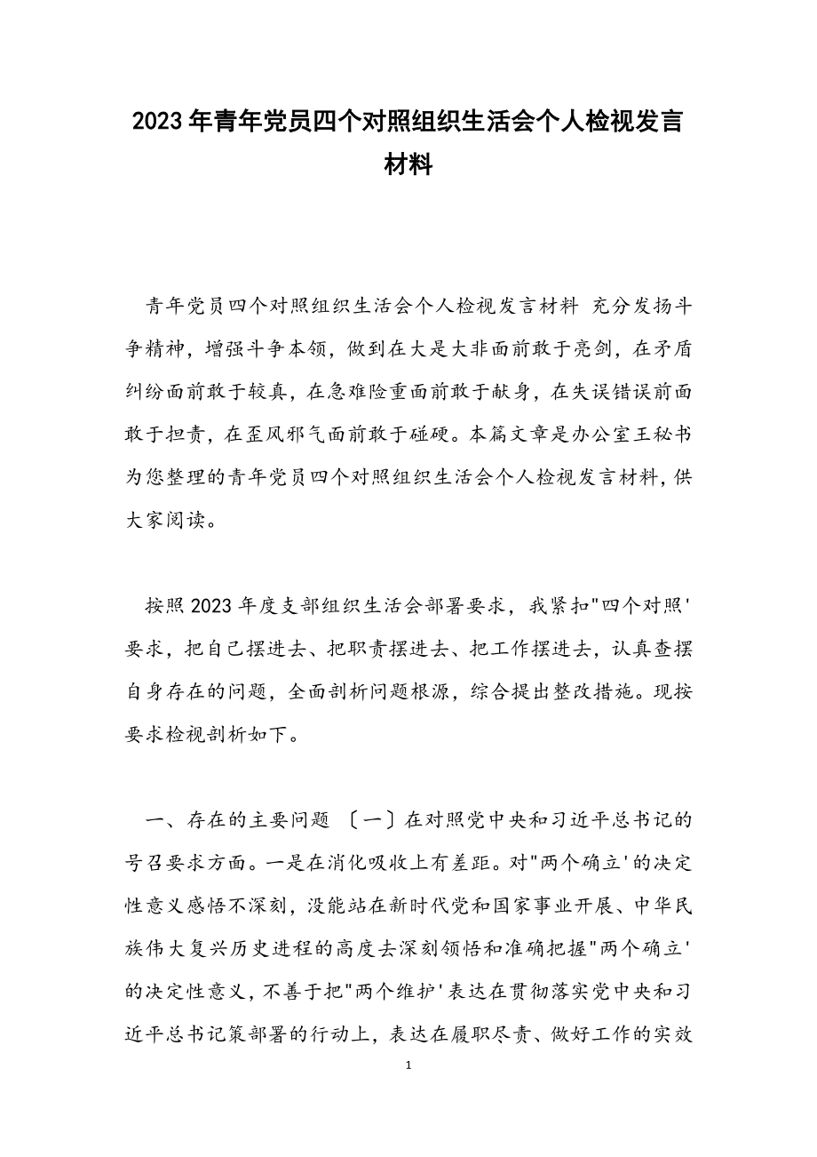 2023年青年党员四个对照组织生活会个人检视发言材料.docx_第1页