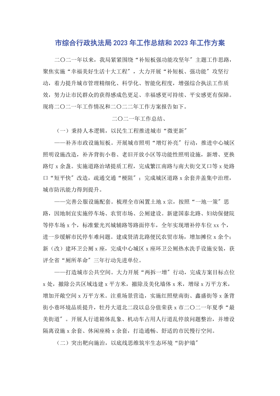 2023年市综合行政执法局工作总结和工作计划.docx_第1页