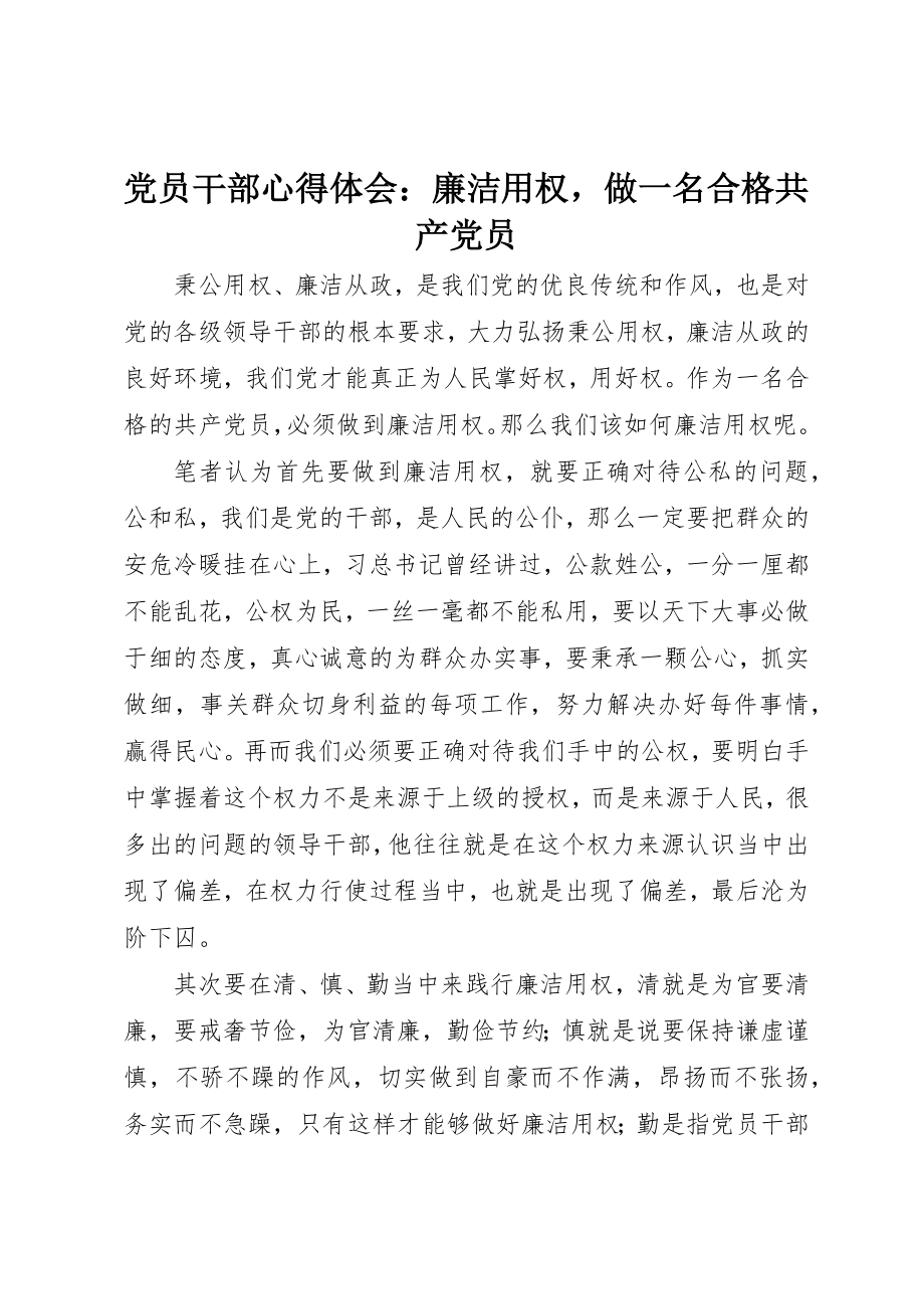 2023年党员干部心得体会廉洁用权做一名合格共产党员.docx_第1页