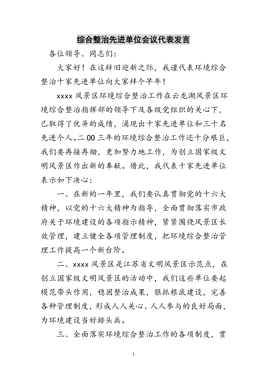 2023年综合整治先进单位会议代表发言范文.doc_第1页