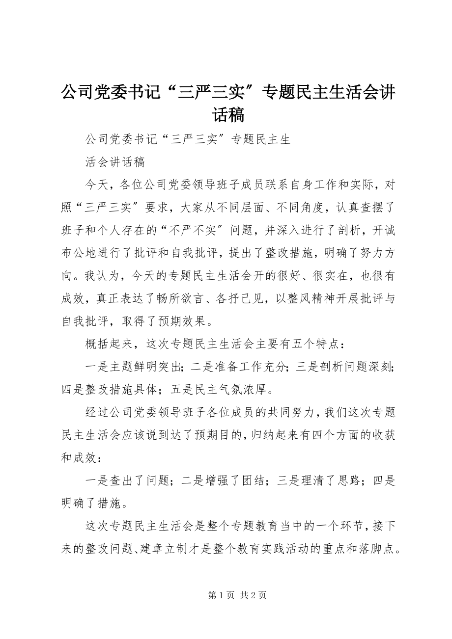 2023年公司党委书记“三严三实”专题民主生活会致辞稿.docx_第1页