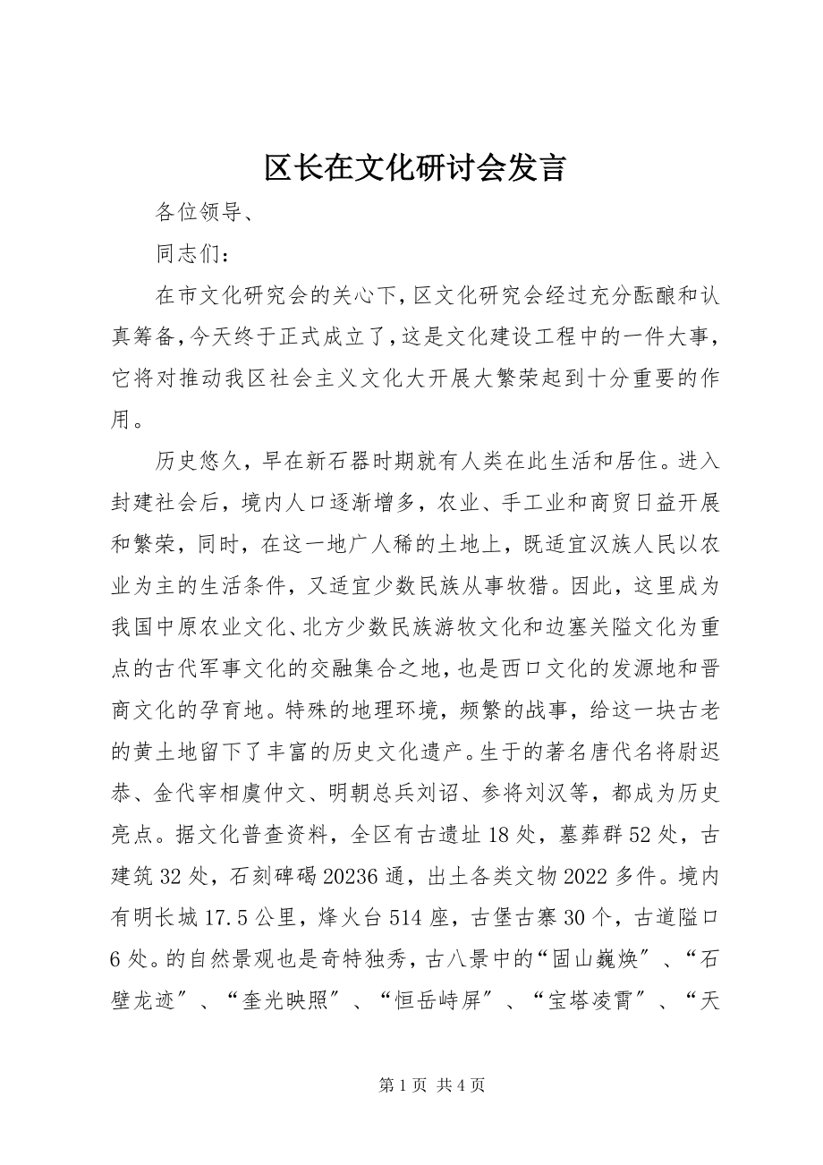 2023年区长在文化研讨会讲话.docx_第1页