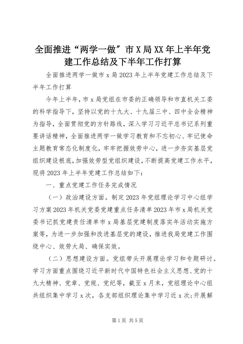 2023年全面推进“两学一做”市X局上半年党建工作总结及下半年工作打算.docx_第1页