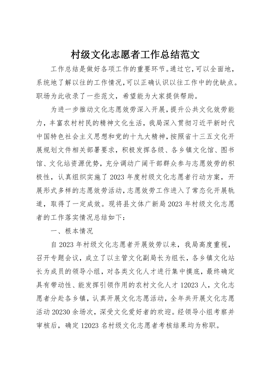 2023年村级文化志愿者工作总结2新编.docx_第1页