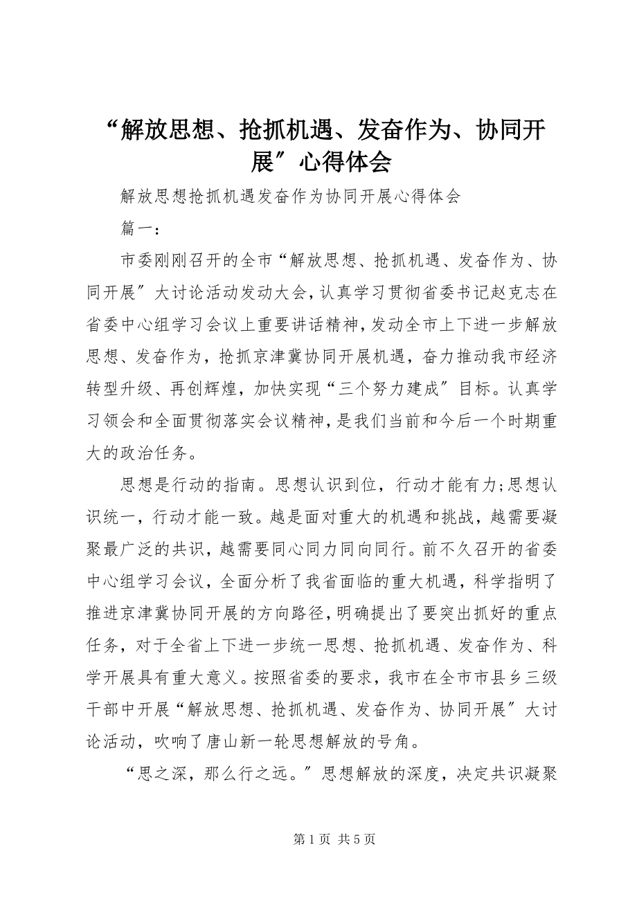 2023年解放思想抢抓机遇奋发作为协同发展心得体会.docx_第1页