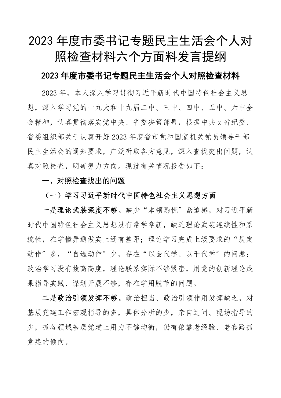 2023年度市委书记专题民主生活会个人对照检查材料六个方面料发言提纲.docx_第1页