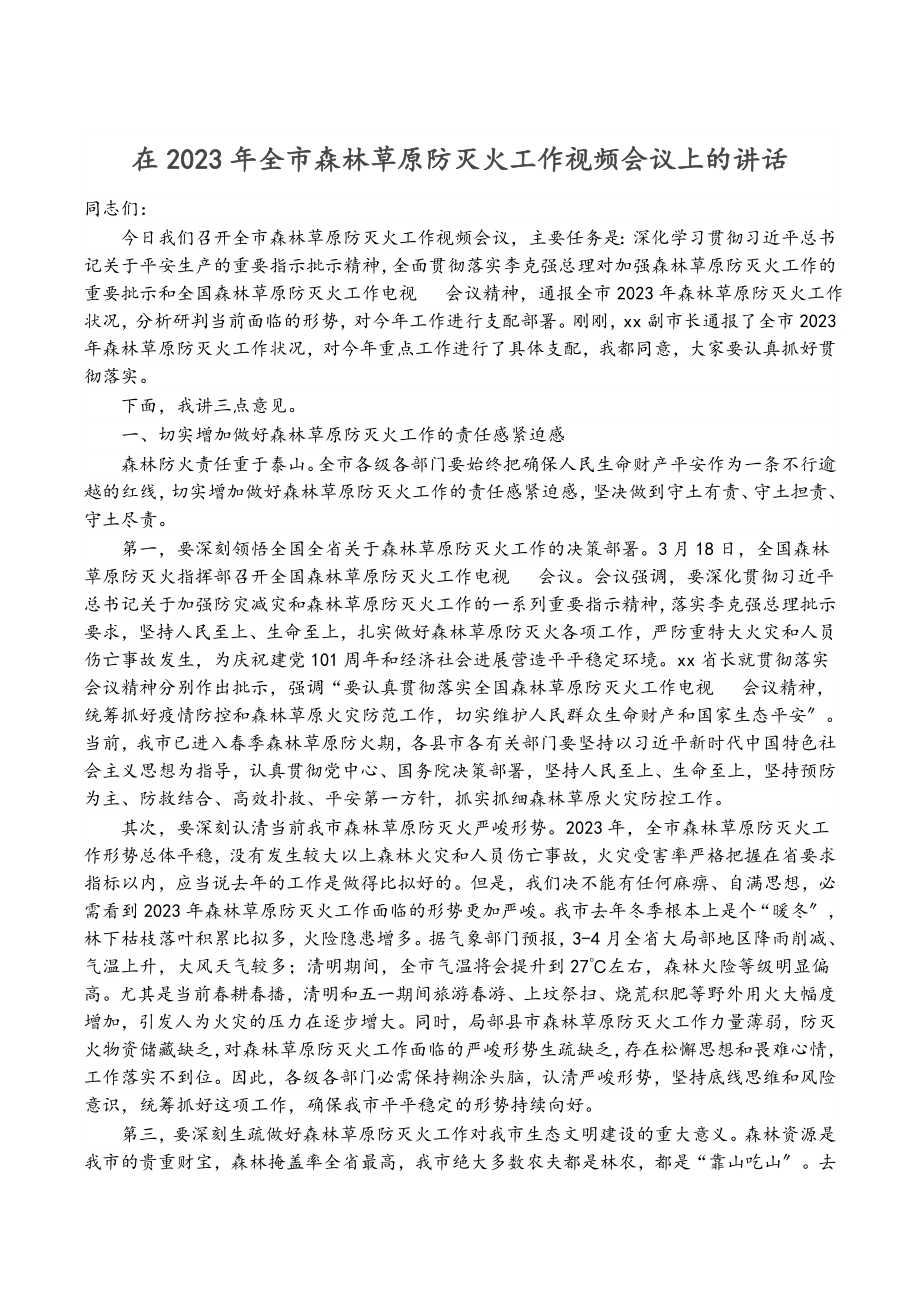 在2023年全市森林草原防灭火工作视频会议上的讲话.docx_第1页