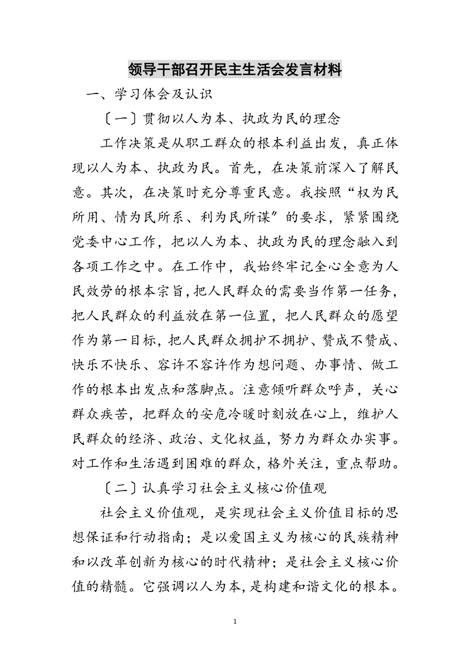 2023年领导干部召开民主生活会发言材料范文.doc_第1页