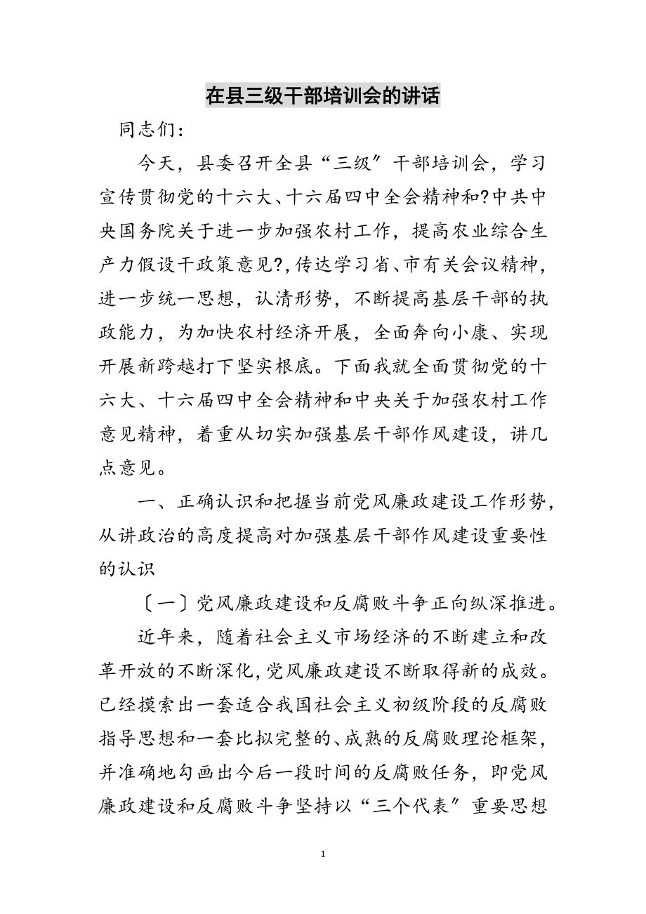 2023年在县三级干部培训会的讲话范文.doc_第1页