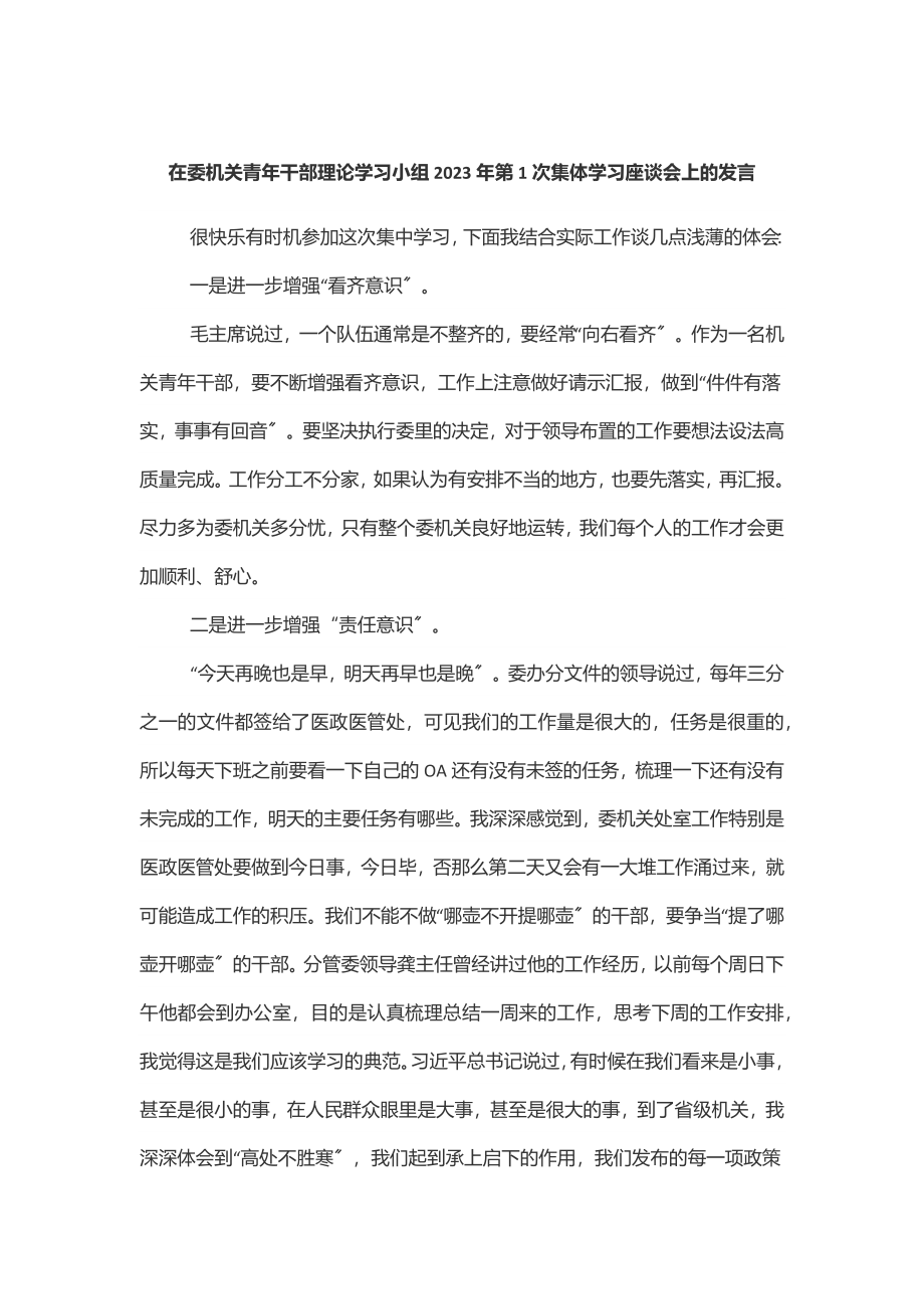 在委机关青年干部理论学习小组第1次集体学习座谈会上的发言范文.docx_第1页