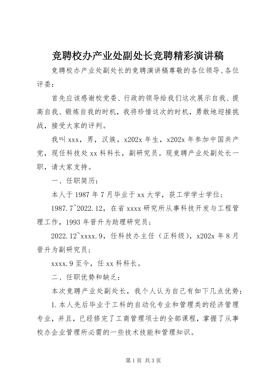 2023年竞聘校办产业处副处长竞聘精彩演讲稿.docx_第1页