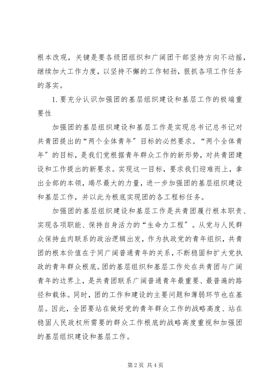 2023年共青团基层组织建设和基层工作电视电话会议上致辞.docx_第2页