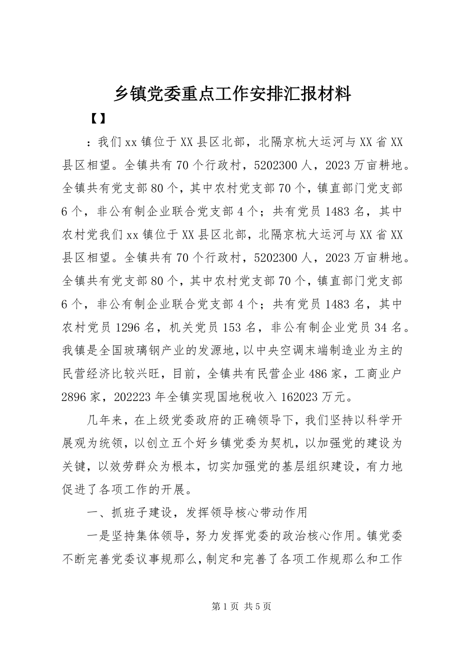 2023年乡镇党委重点工作安排汇报材料.docx_第1页