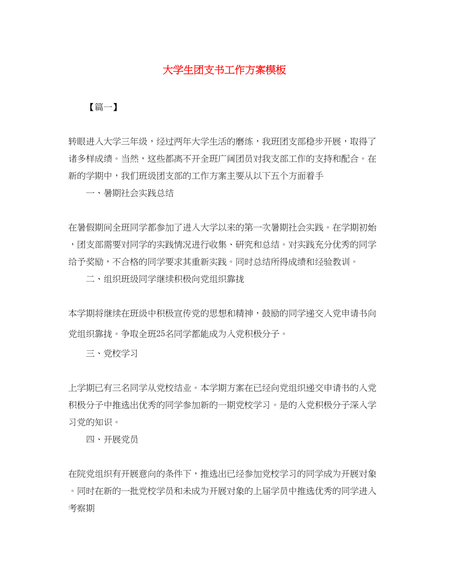 2023年大学生团支书工作计划模板.docx_第1页