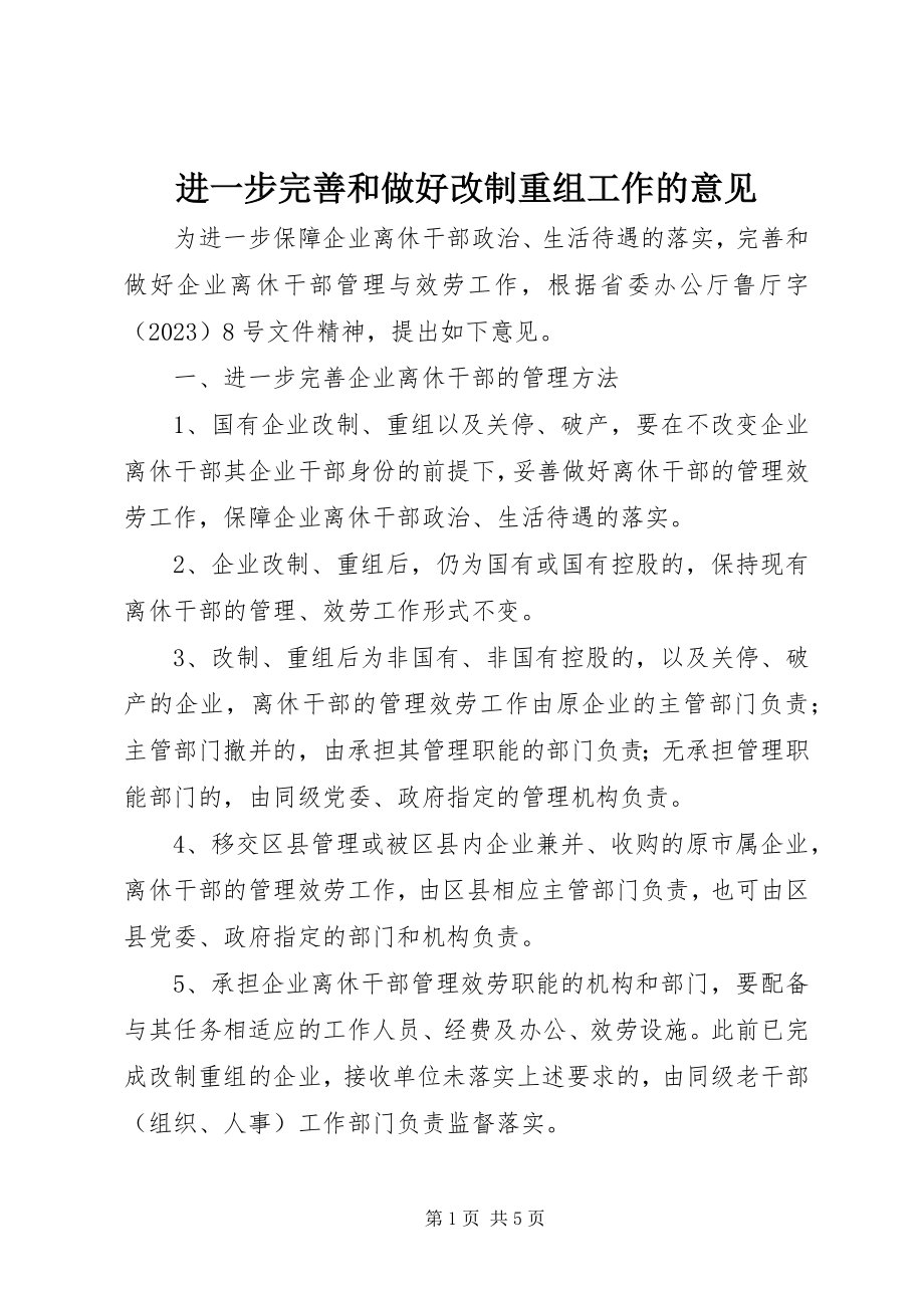 2023年进一步完善和做好改制重组工作的意见.docx_第1页