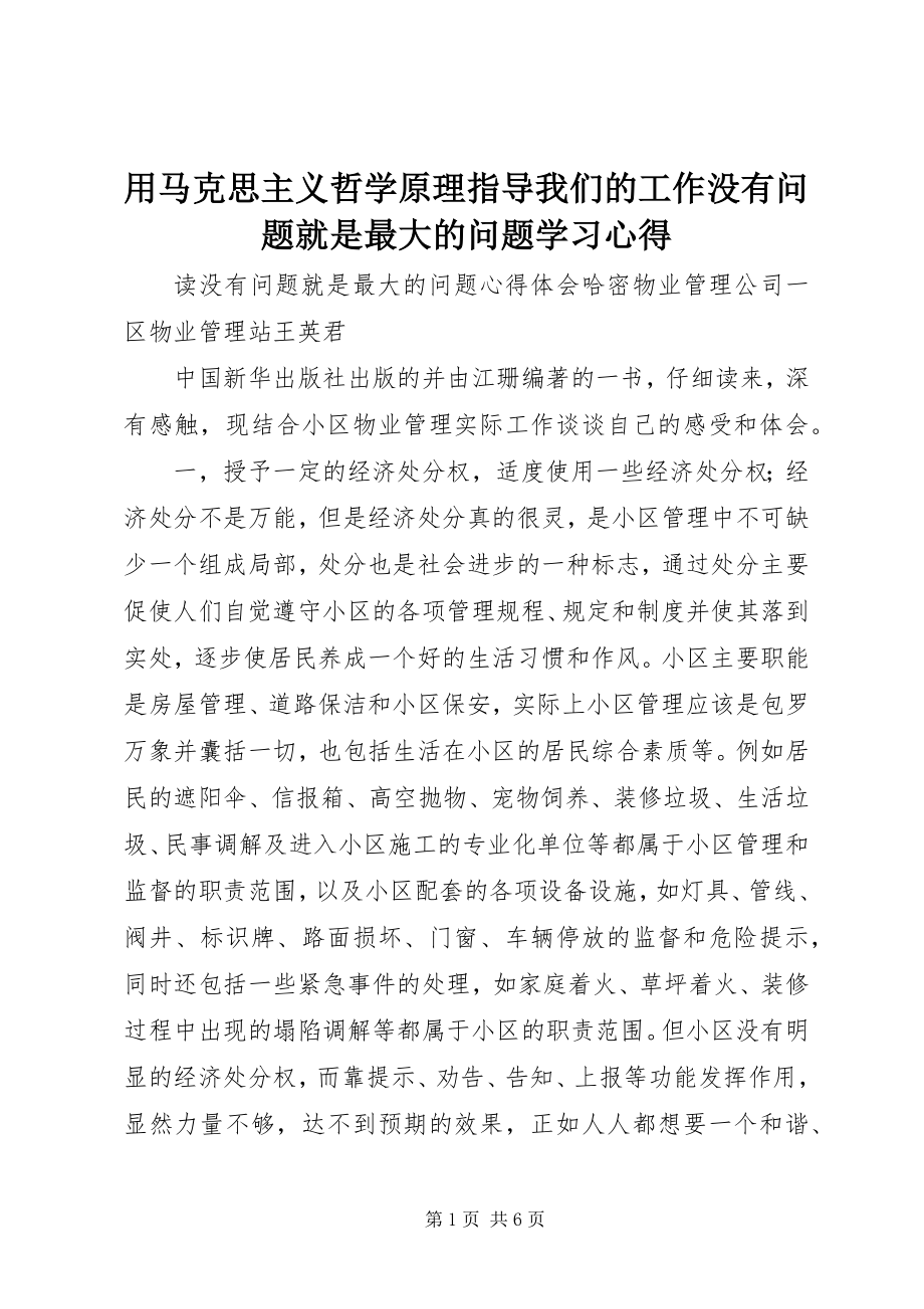 2023年《用马克思主义哲学原理指导我们的工作《没有问题就是最大的问题》学习心得.docx_第1页