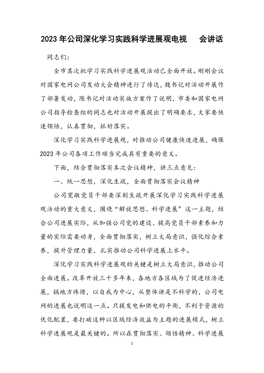 2023年公司深入学习实践科学发展观电视电话会讲话.docx_第1页