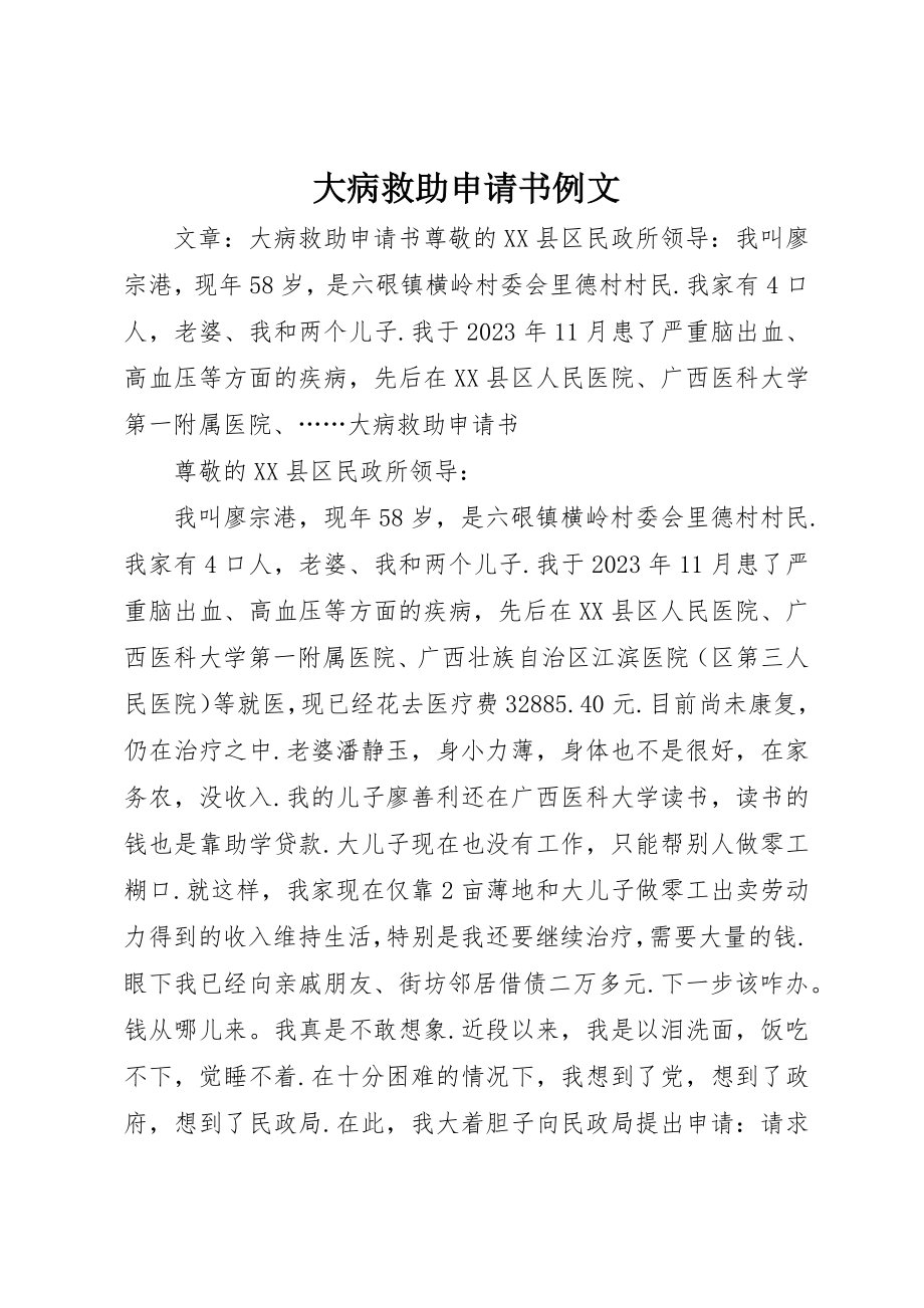 2023年大病救助申请书例文新编.docx_第1页