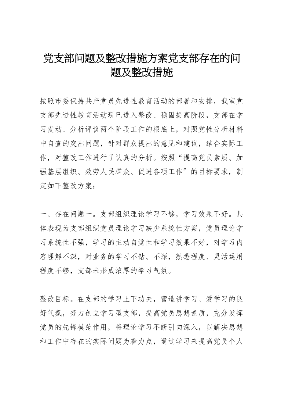 2023年党支部问题及整改措施方案党支部存在的问题及整改措施.doc_第1页