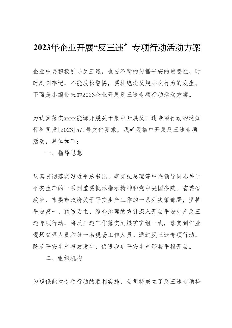 2023年企业开展反三违专项行动活动方案.doc_第1页