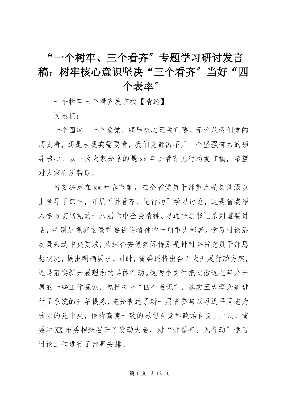 2023年“一个树牢三个看齐”专题学习研讨讲话稿树牢核心意识坚定“三个看齐”当好“四个表率”新编.docx_第1页