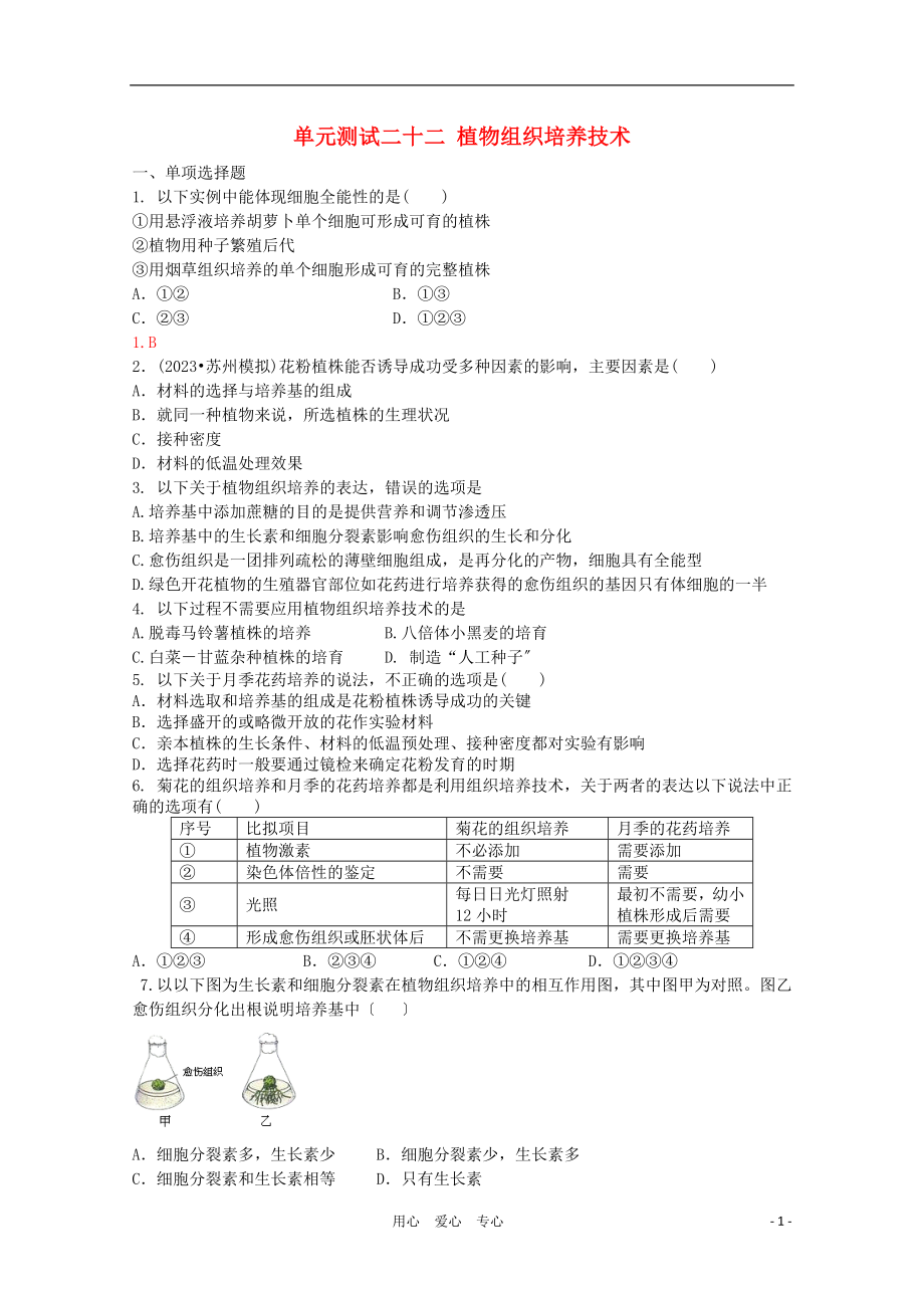 2023年天津市届高三生物 《植物组织培养技术》单元测试22 新人教版选修1.doc_第1页