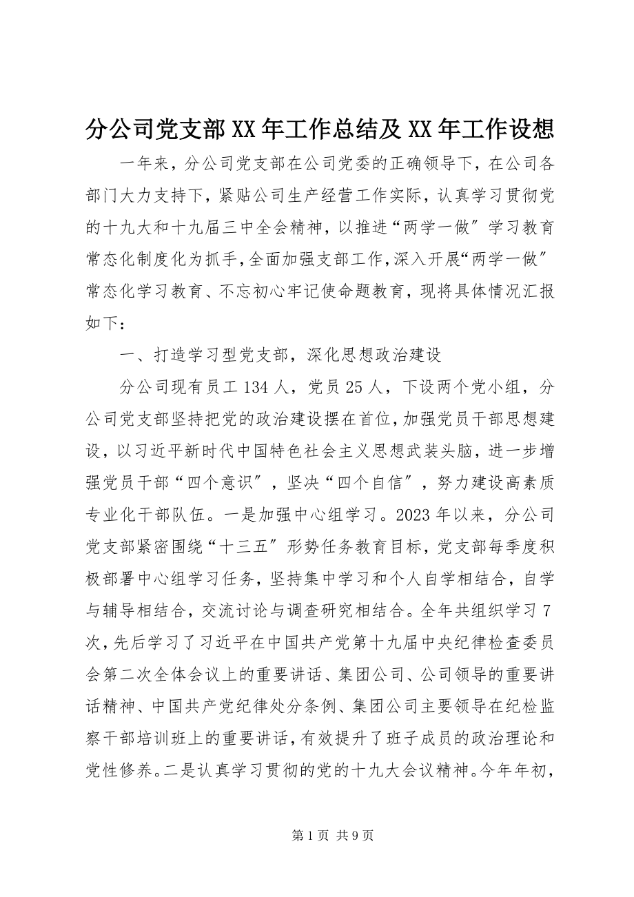 2023年分公司党支部某年工作总结及某年工作设想.docx_第1页