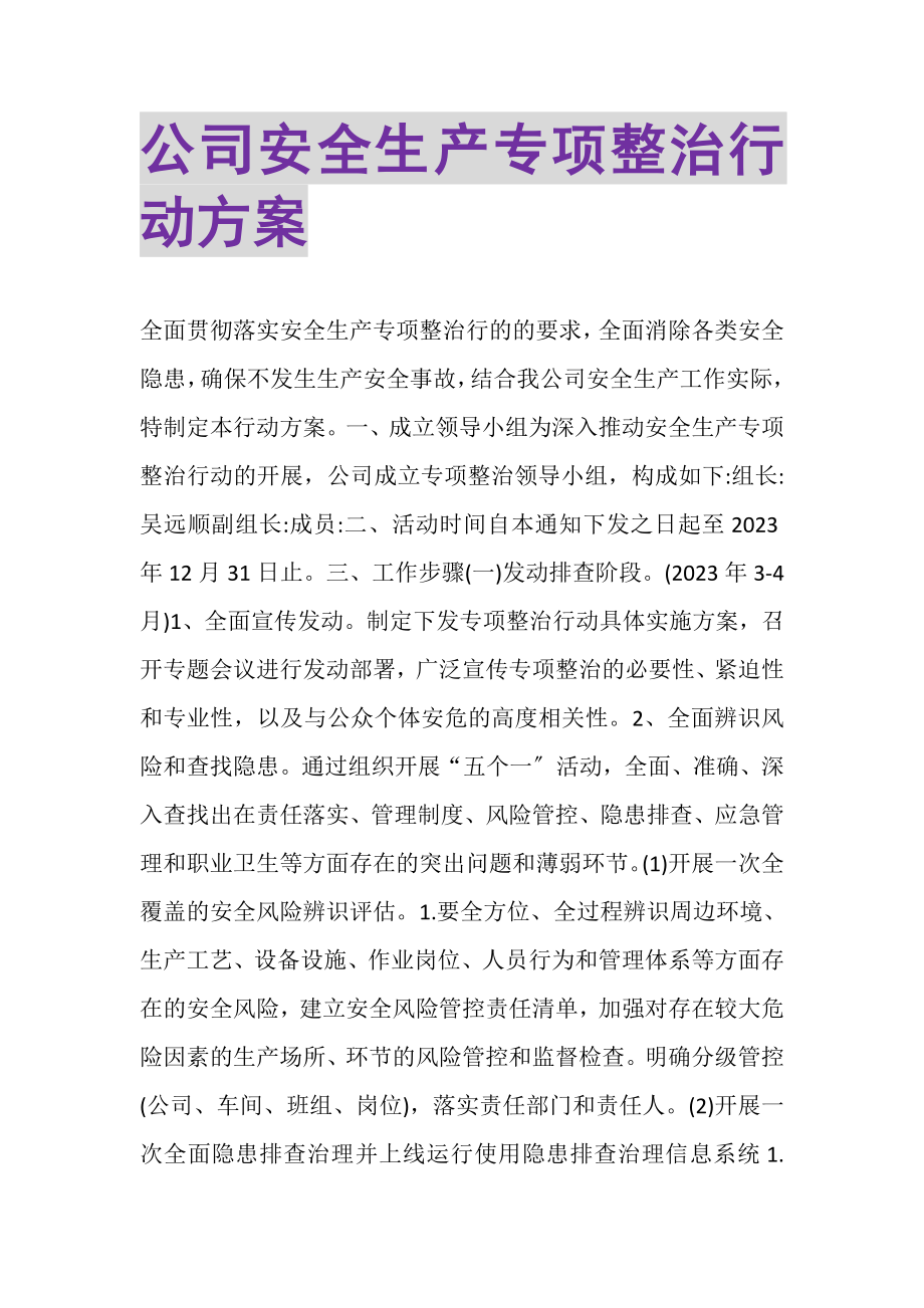 2023年公司安全生产专项整治行动方案.doc_第1页