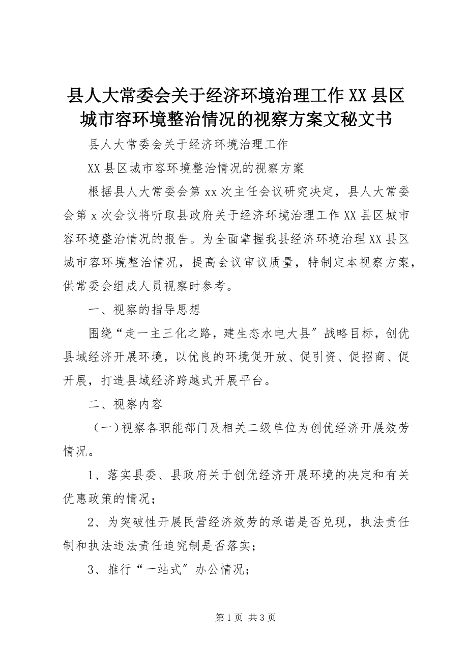 2023年县人大常委会关于经济环境治理工作XX县区城市容环境整治情况的视察方案文秘文书.docx_第1页