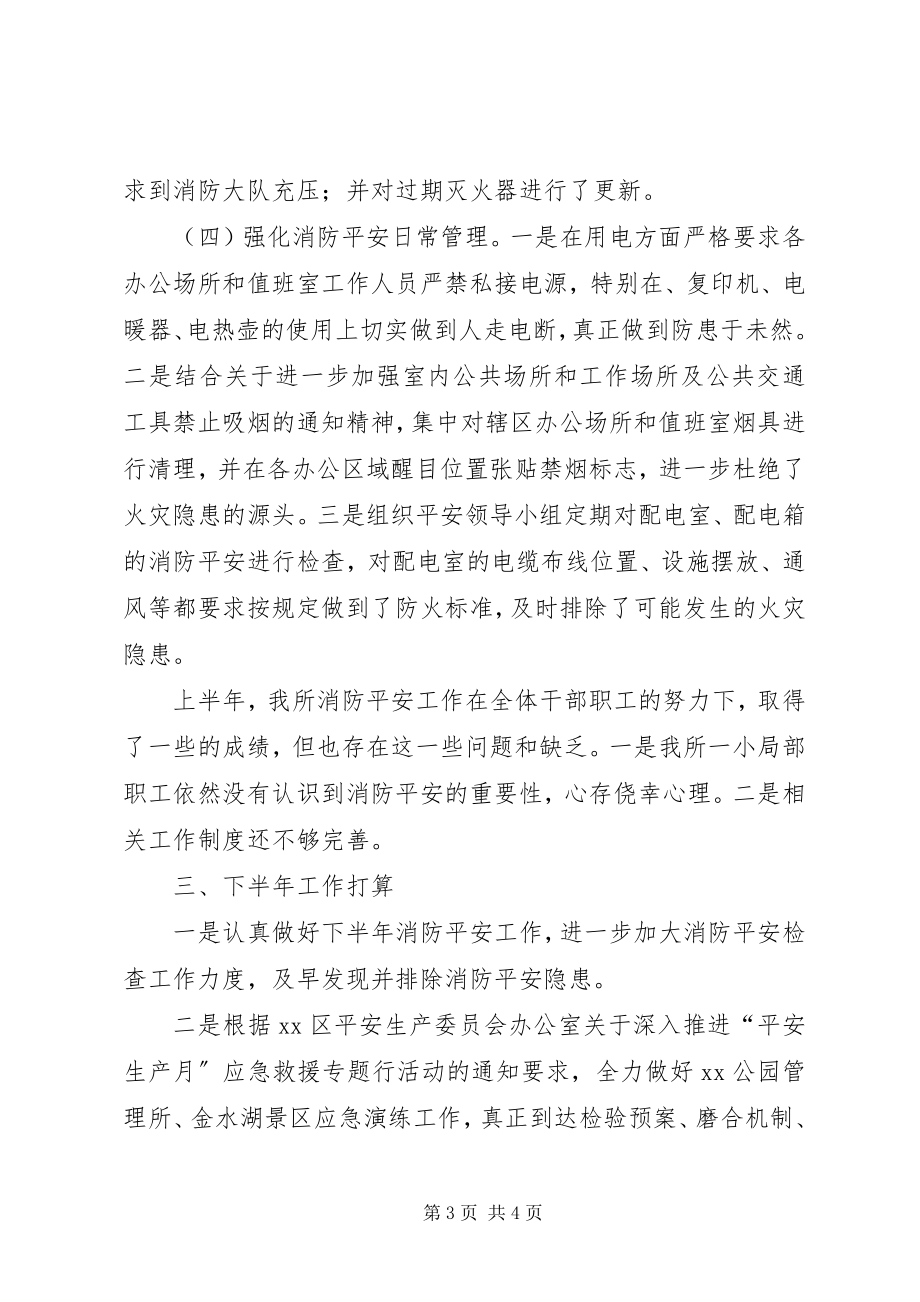 2023年公园管理所某年上半年消防安全工作总结.docx_第3页