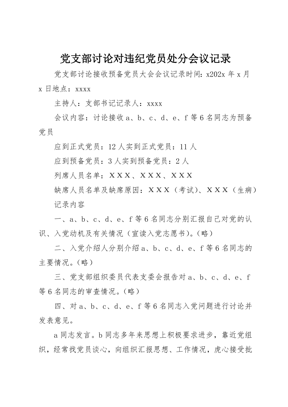 2023年党支部讨论对违纪党员处分会议记录.docx_第1页